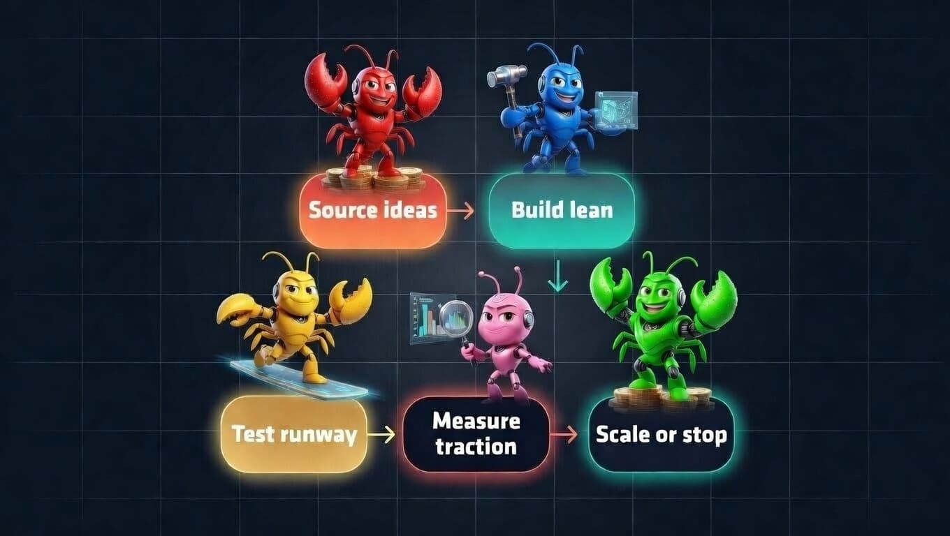 Illustrated operating loop showing how Mostly Autonomous scopes, builds, launches, and curates ventures